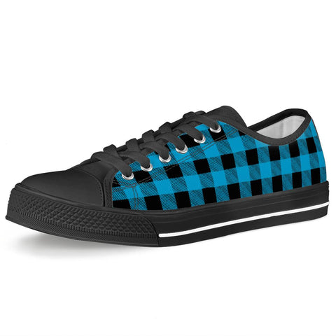 Blue Plaid - Black Low Top Canvas Shoes