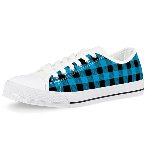 Blue Plaid - White Low Top Canvas Shoes