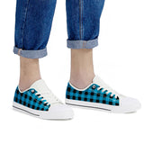 Blue Plaid - White Low Top Canvas Shoes