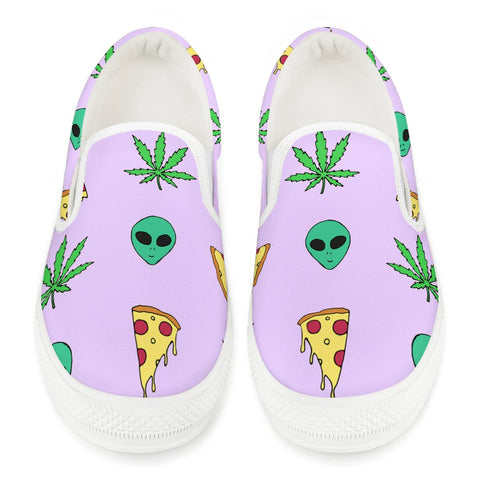 Alien Pizza Weed - White Slip On Shoes